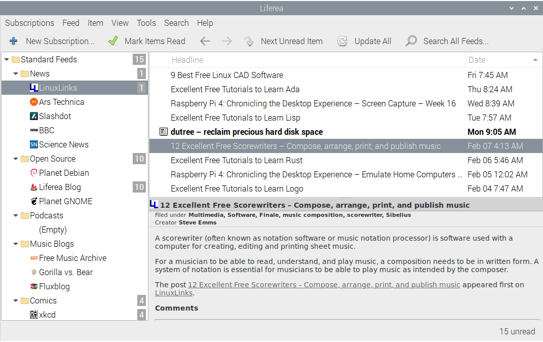 Raspberry Pi 4 - Liferea