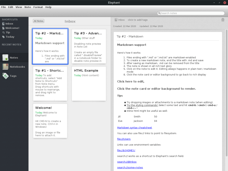 Elephant - notetaker with a classic interface - LinuxLinks