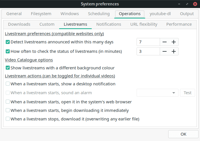 Tartube - Livestream preferences