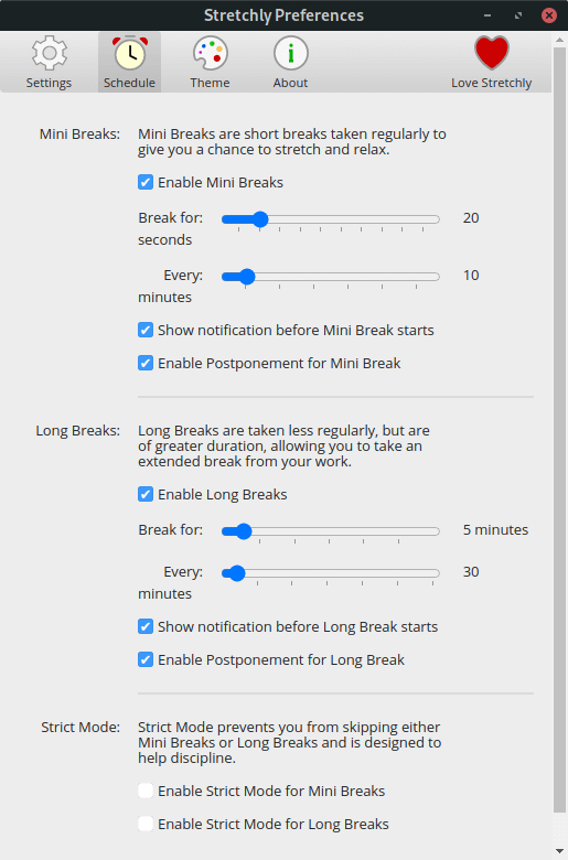 Stretchly - Preferences - Schedule