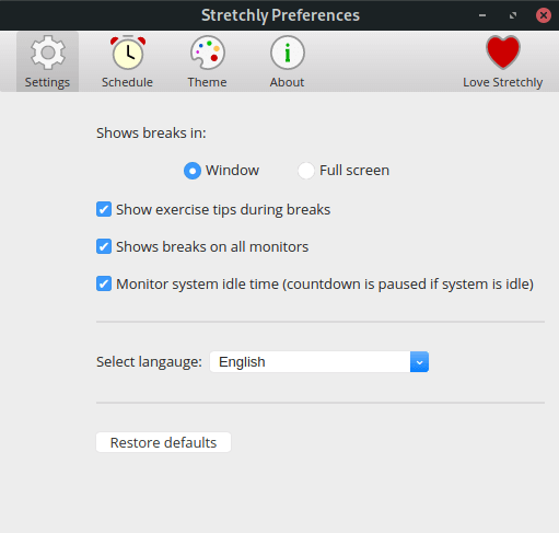 Stretchly - Preferences - Settings