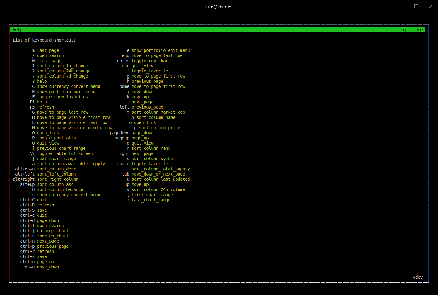 cointop - keyboard shortcuts