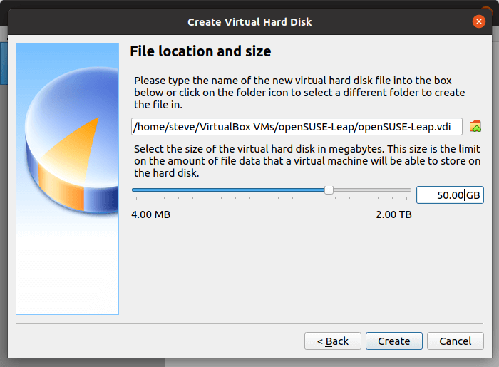 VirtualBox - create hard disk - file location and size