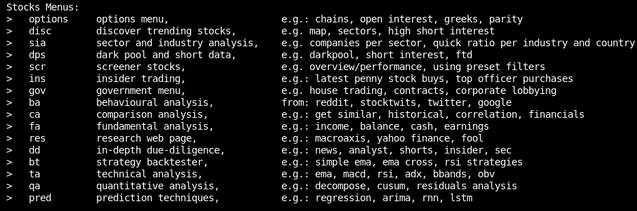 Gamestonk Terminal - stocks menu