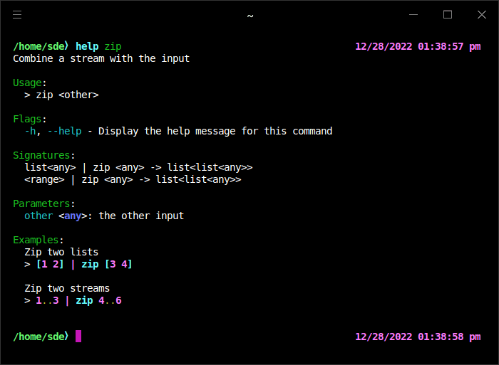 Help for each of Nushell's commands is readily available