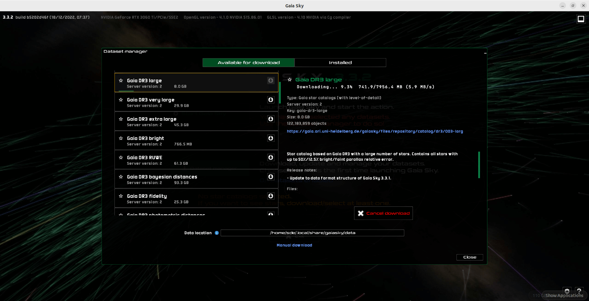 Dataset Manager of Gaia Sky