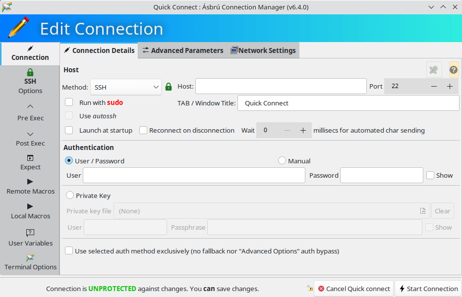 Connnections window for Asbru Connection Manager