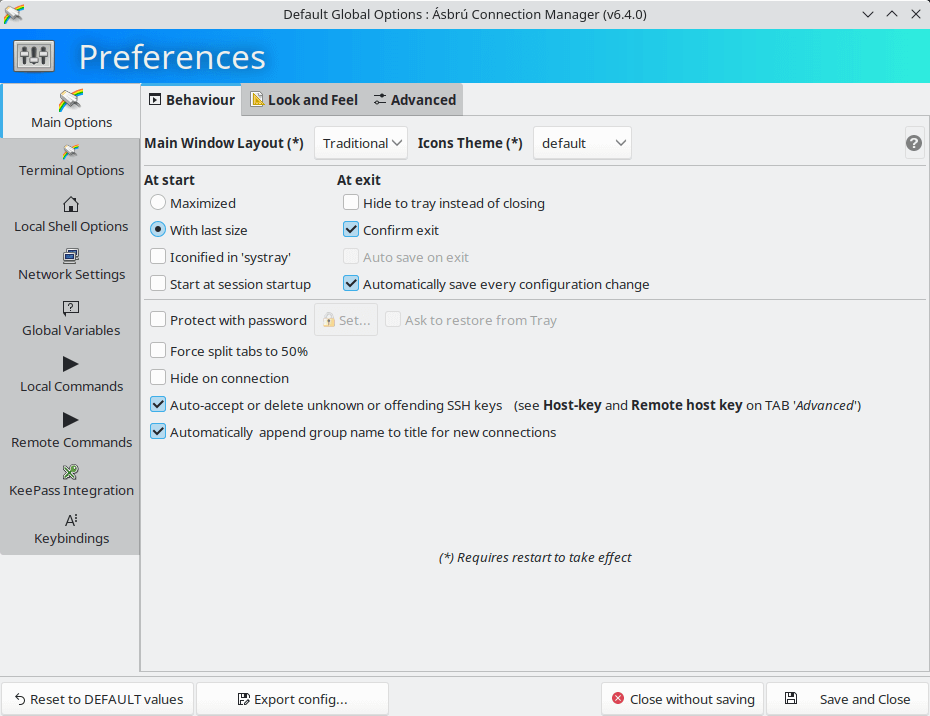 Preferences window for Asbru Connection Manager