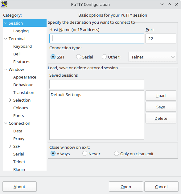 PuTTY's configuration window