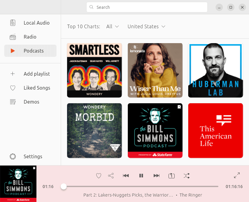 Podcast playing with MusicPod