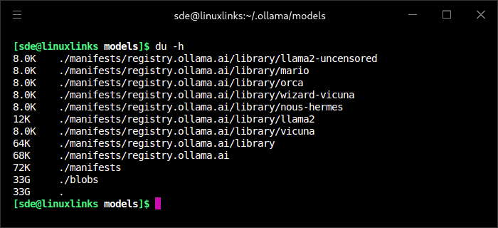 Disk space consumed by the models