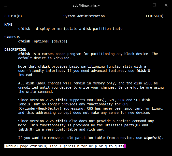 Man page for cfdisk