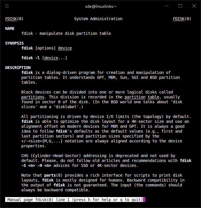Man page for fdisk