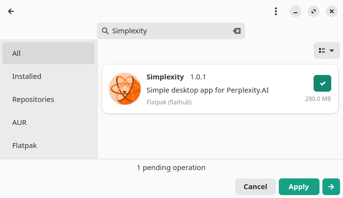 Installing Simplexity in Manjaro using the Pamac front-end
