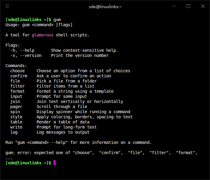 Commands available with gum