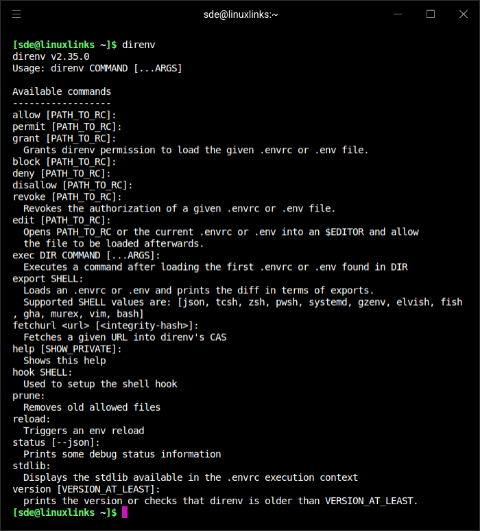 Available commands for direnv