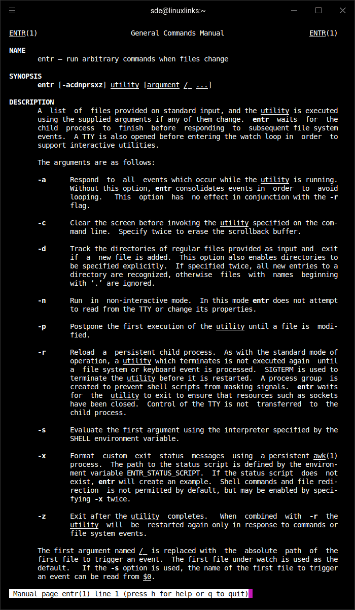 Man page for entr