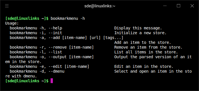 Options available with boomarkmenu