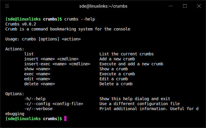 Actions available with crumbs