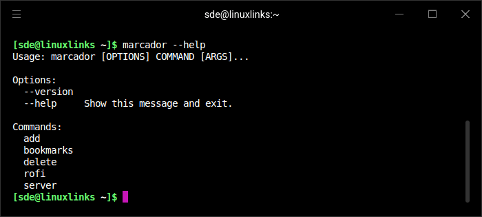 Commands available in marcador