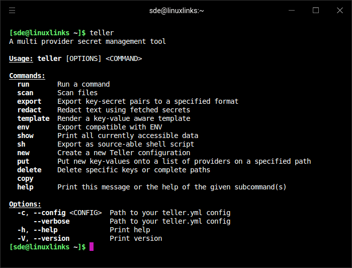 Commands available in Teller