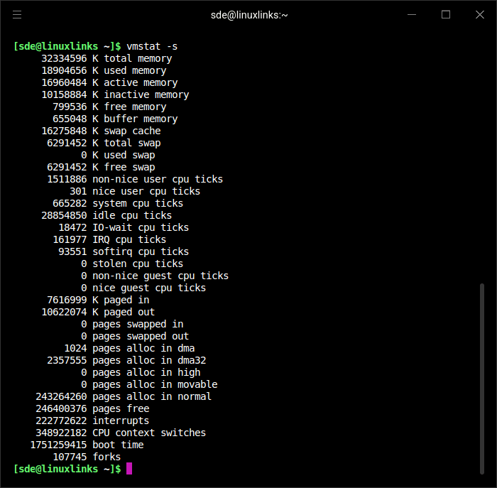 vmstat -s (useful alternative to free)