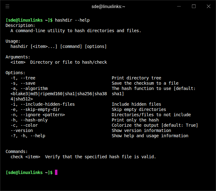 Options available with hashdir