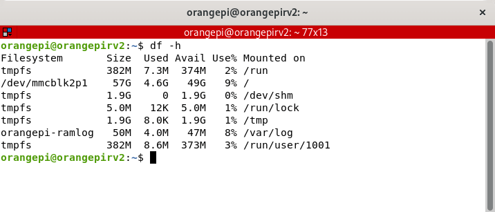 df showing we're running the operating system from the eMMC