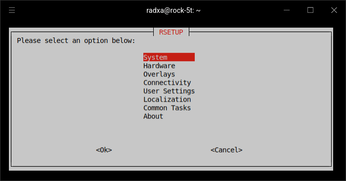 Options available with rsetup