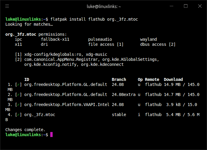 Using the flatpak to install mtoc