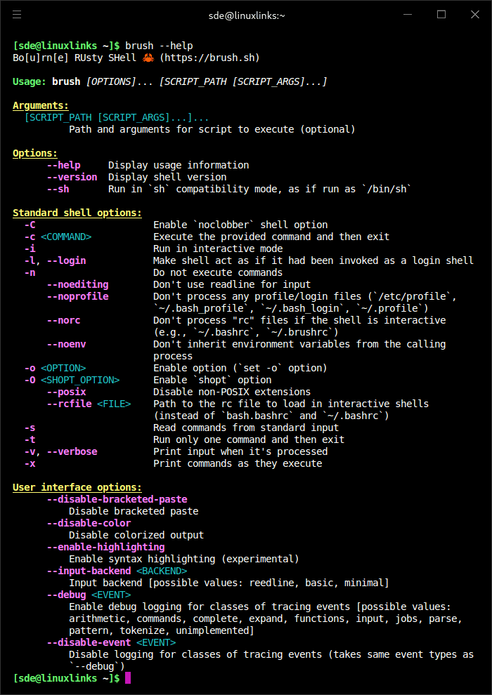 Brush options (including standard shell options and user interface options)