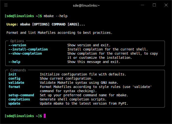 mbake options and commands