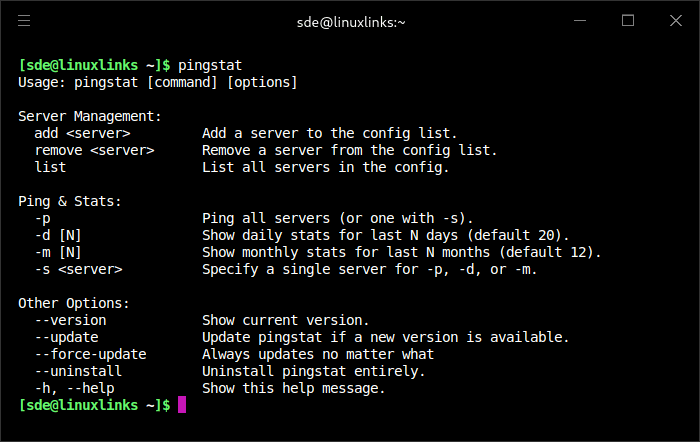 Options available with pingstat