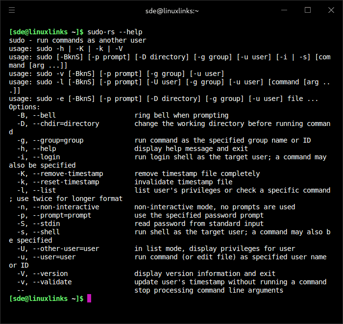 Available options with the command-line utility sudo-rs