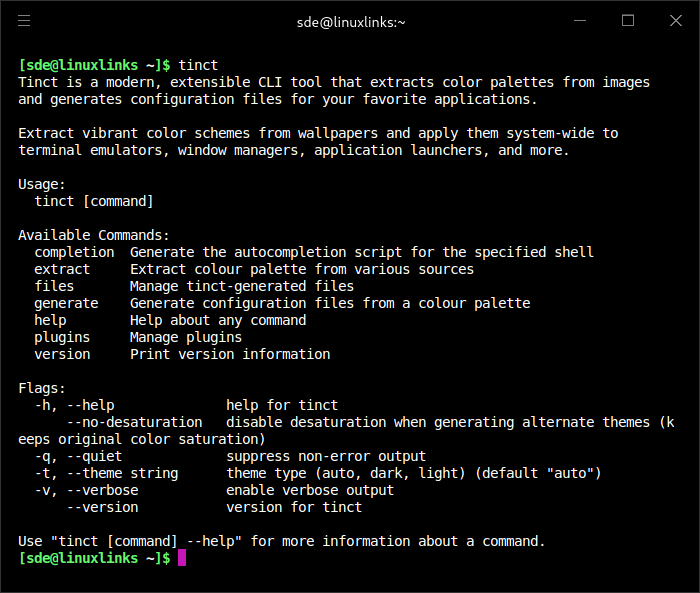 Tinct commands and flags