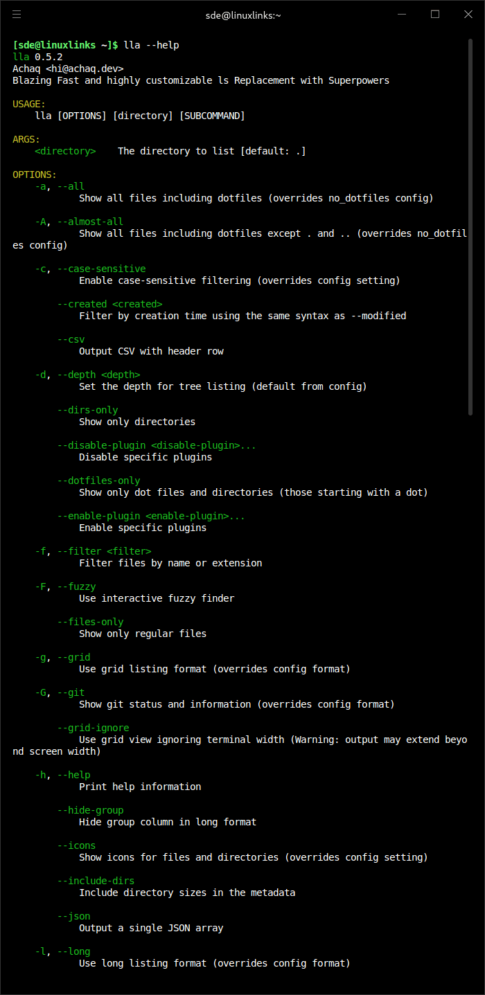 lla options and subcommands