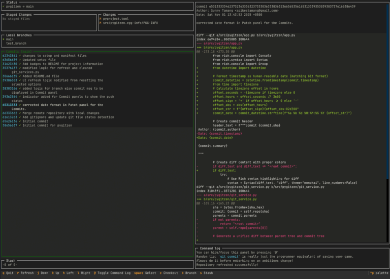 pygitzen - Python-native terminal-based Git client - LinuxLinks