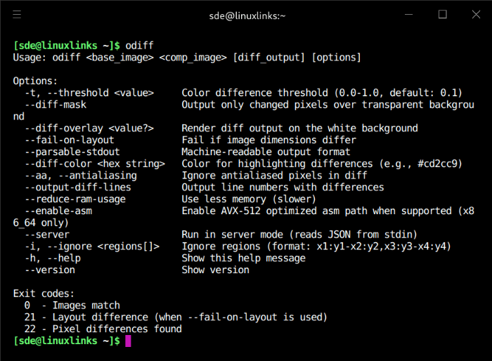Options available in ODiff
