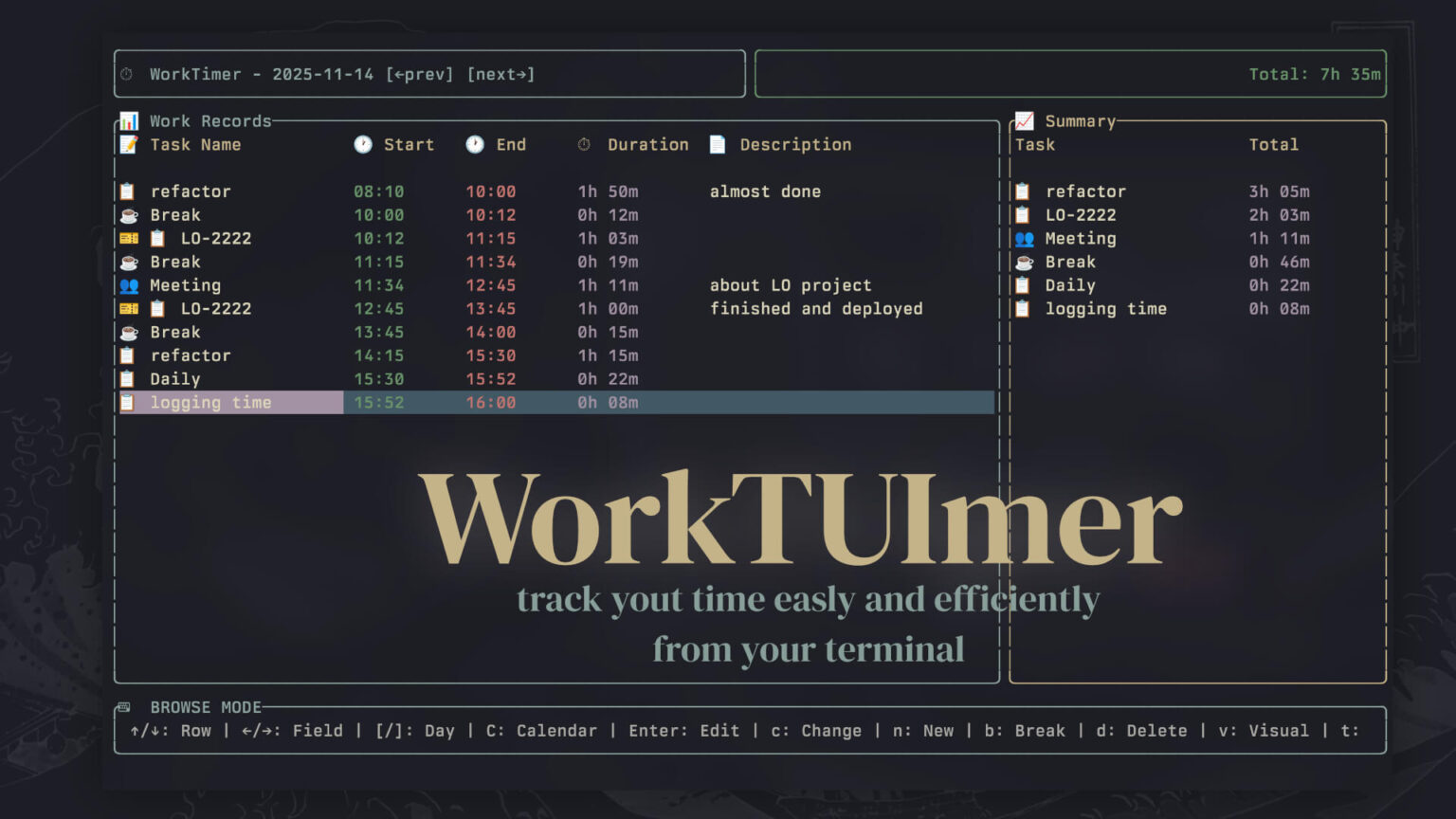 WorkTUImer - keyboard-driven TUI for time-tracking - LinuxLinks
