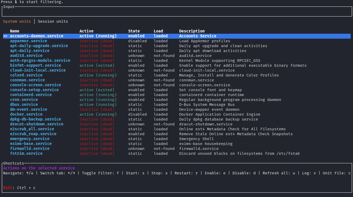 Systemd manager tui in action