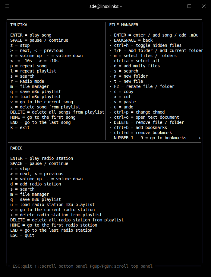 tmuzika keyboard shortcuts
