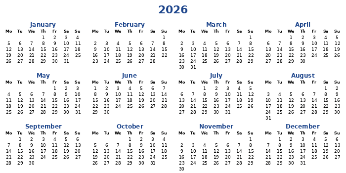 2026 calendar