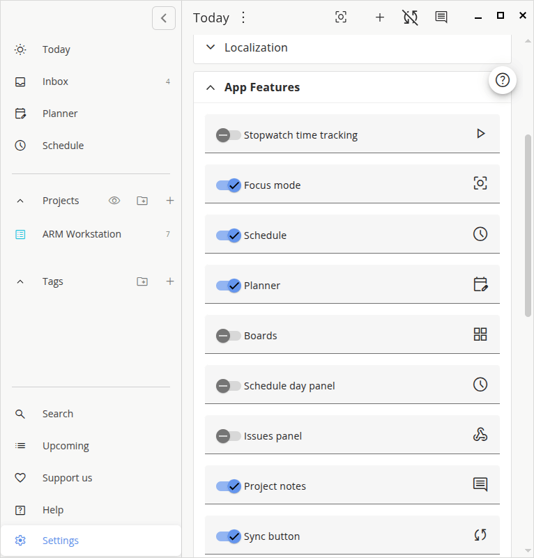 Settings - turn on app features