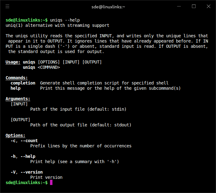 uniqs commands, arguments, and options