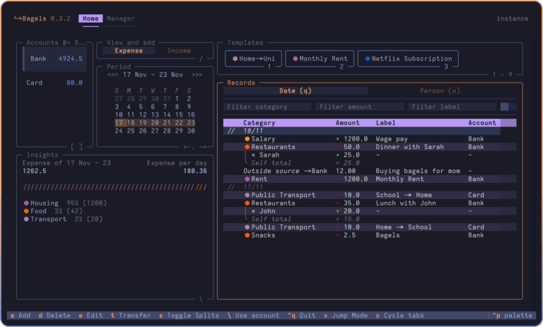 Bagels - terminal user interface expense tracker - LinuxLinks