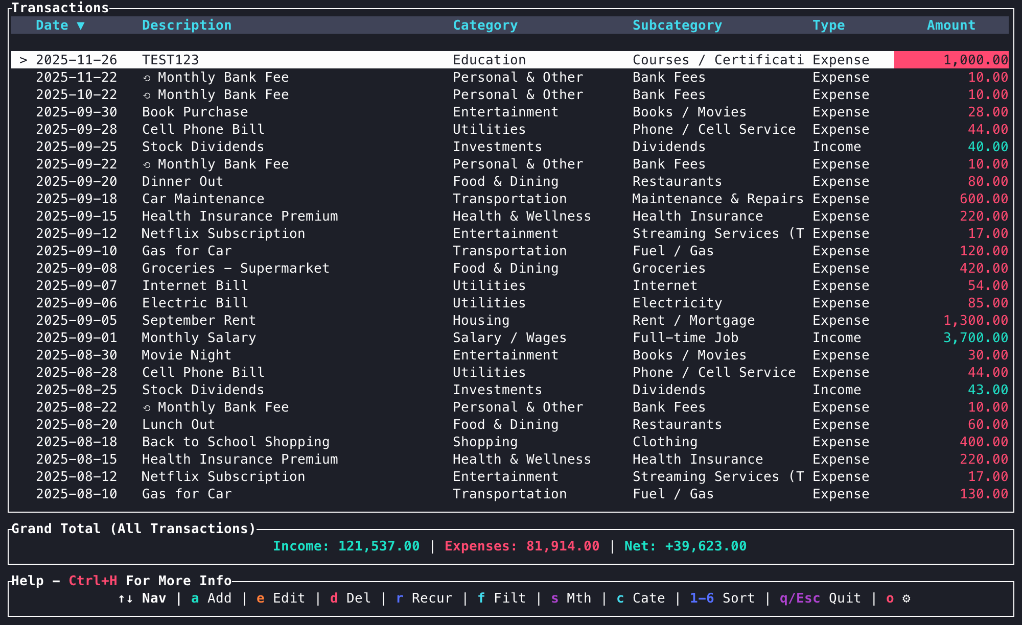 Budget Tracker TUI in action