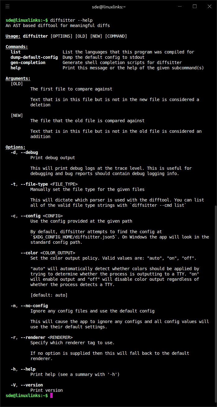 diffsitter commands, arguments and options