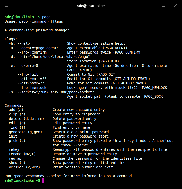 pago flags and commands