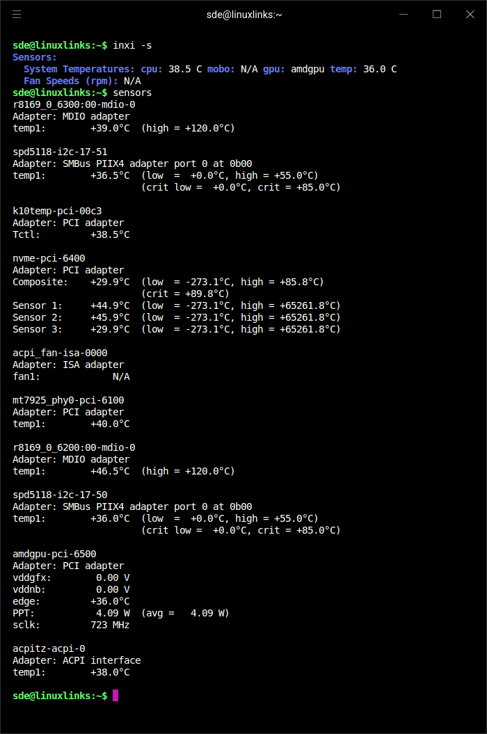 inxi -s and sensors output