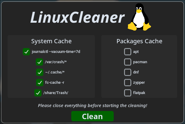 Linux Cleaner in action